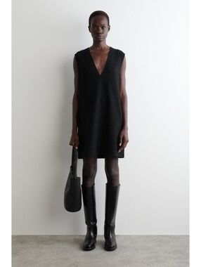 NWT COS RWS Wool Deep V Neck Tunic Mini Dress Quiet Luxury Black L